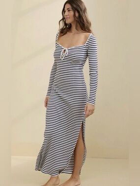 NWT Aerie Long Sleeve Blue White striped ribbed, Tie Front, Side Slit Maxi Dress